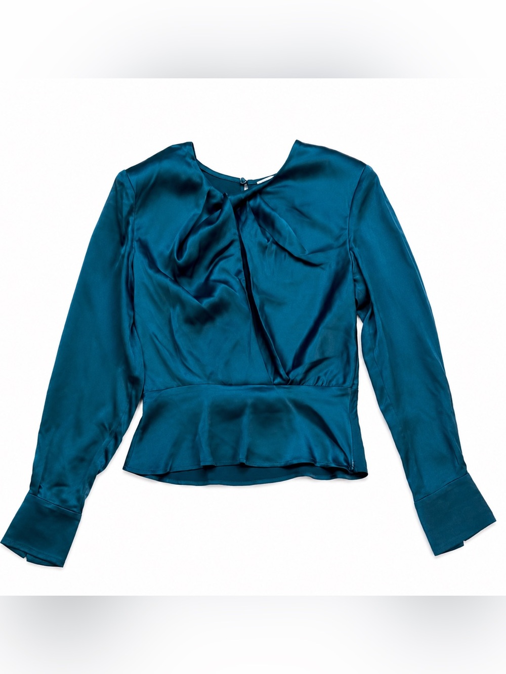 NWT Lush Satin Peplum Blouse Womens Small Teal Keyhole Party Date Night